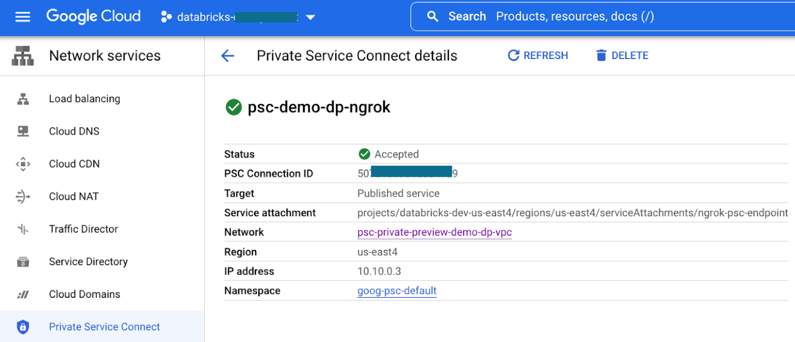 VPC端点从数据平面VPC SCC继电器服务附件URI。