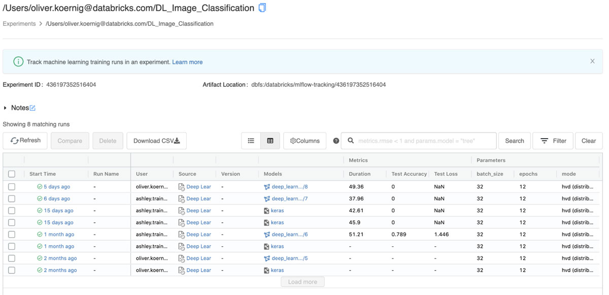 Databricks管理MLflow实验界面