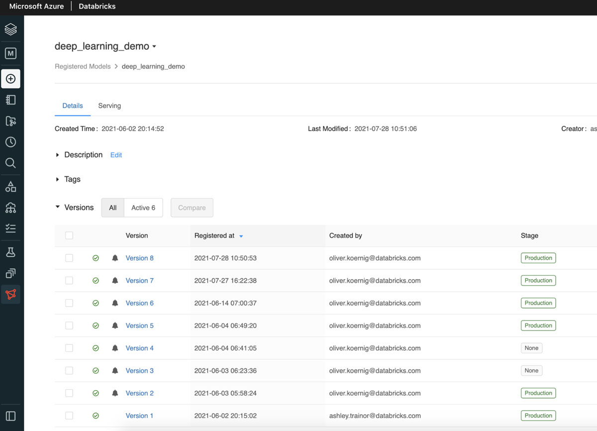 Databricks MLflow Models UI显示最新的生产级别ml模型